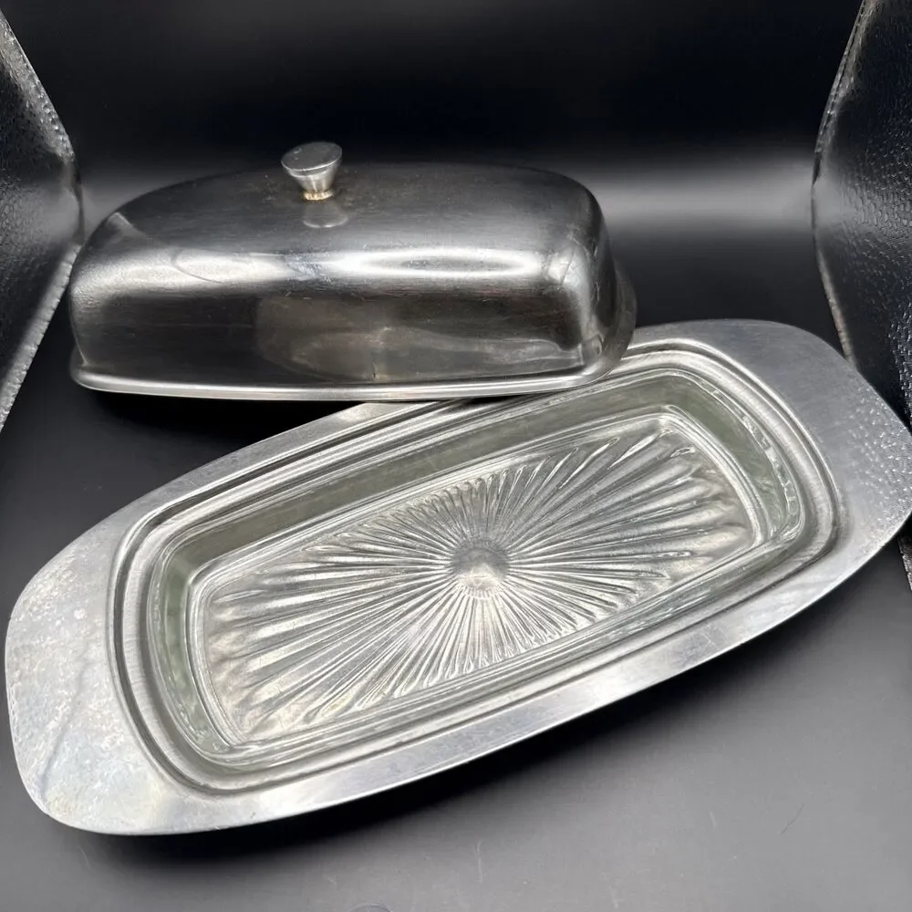 3 Piece Stainless Steel Covered Butter Dish Glass Insert/lid Mid century Modern